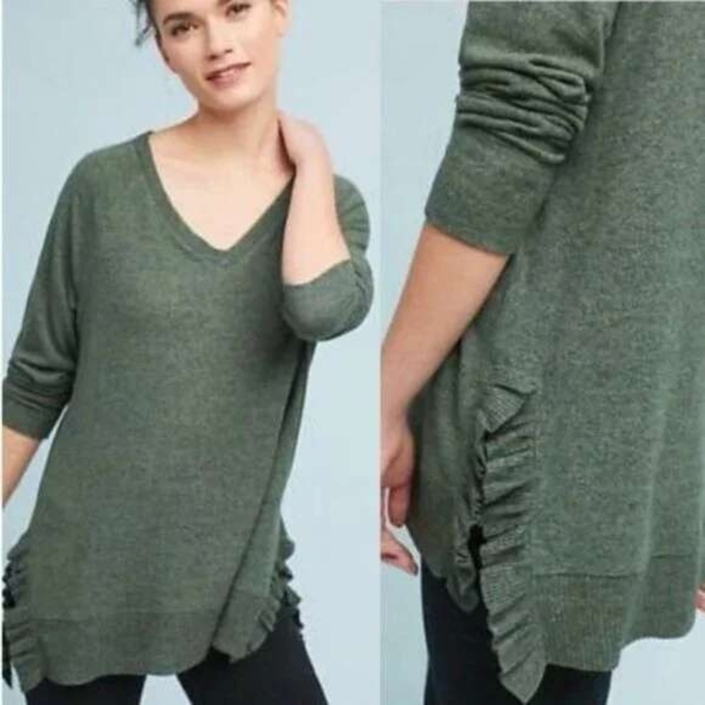 Postmark Anthropologie Green Brushed V Neck‎ Ruffle Hem Sweater Size XS Pullover